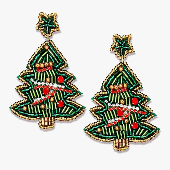 Betsey Johnson Handcrafted Christmas Tree Beaded Dangle Drop Statement Earrings - Picture 1 of 8